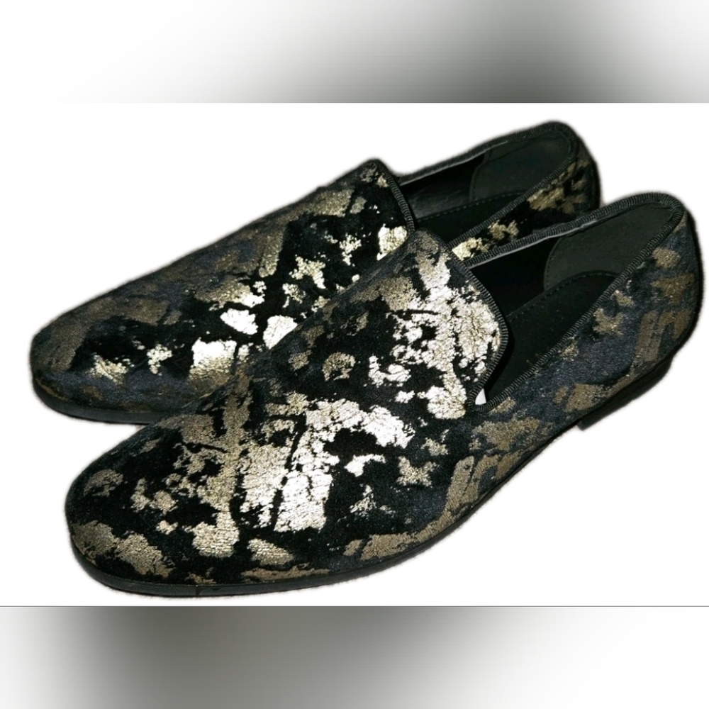 NEW ÃZARMAN Gold Metallic Velvet Leopard Loafers - Size 10.5